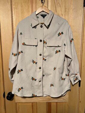 Cream Corduroy Button Down with Floral Embroidery